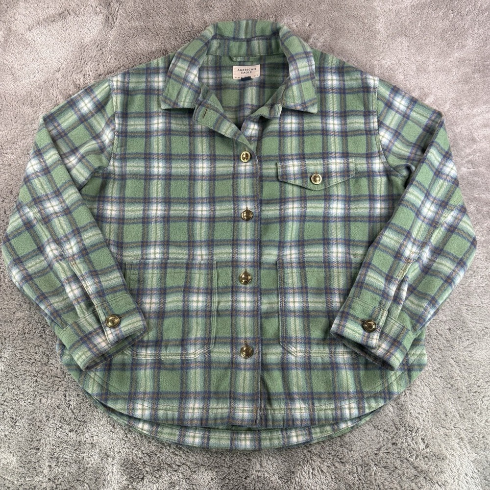 American Eagle‎ Flannel Shacket Women's Medium Green Plaid Button Front Jacket
